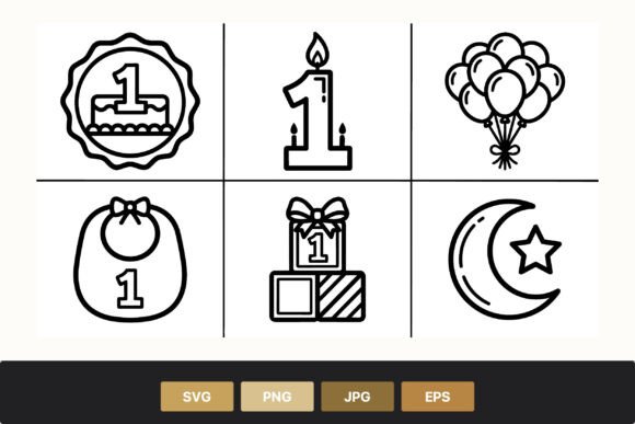 Download First Birthday Icons Set Black White - Premium Resources